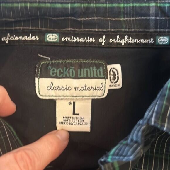 Ecko Unitd Mens L Large Shirt Button Front Plaid Green  Black Cotton Classic - Picture 5 of 6